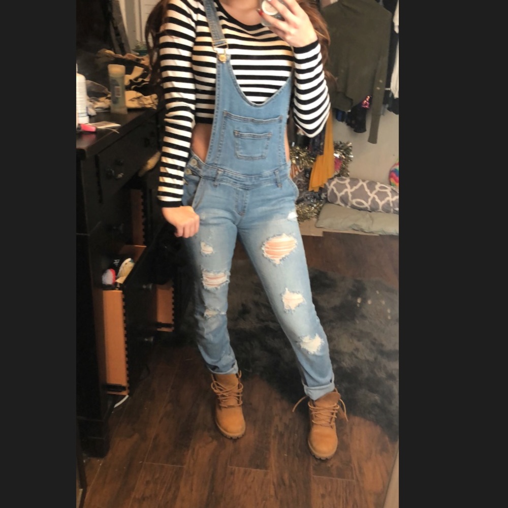 Small distressed denim overall super cute Q brand